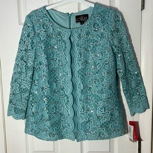Alex Evenings NWT scallop lace twin set sequin chiffon jacket 3/4 slv shell M